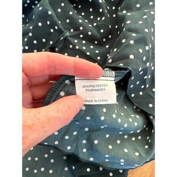 Uguest - Long Sleeve V Neck Polka Dot Ruffle Mini Dress in Green & White - Picture 4 of 6